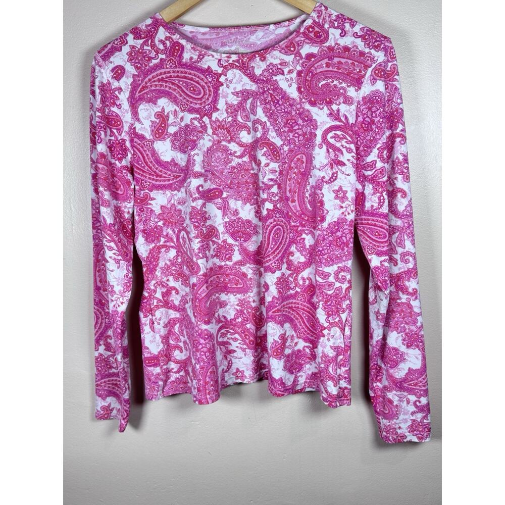 Lands' End Women's Crew Neck Long Sleeve Rash Guard UPF 50 Size M Pink Paisley